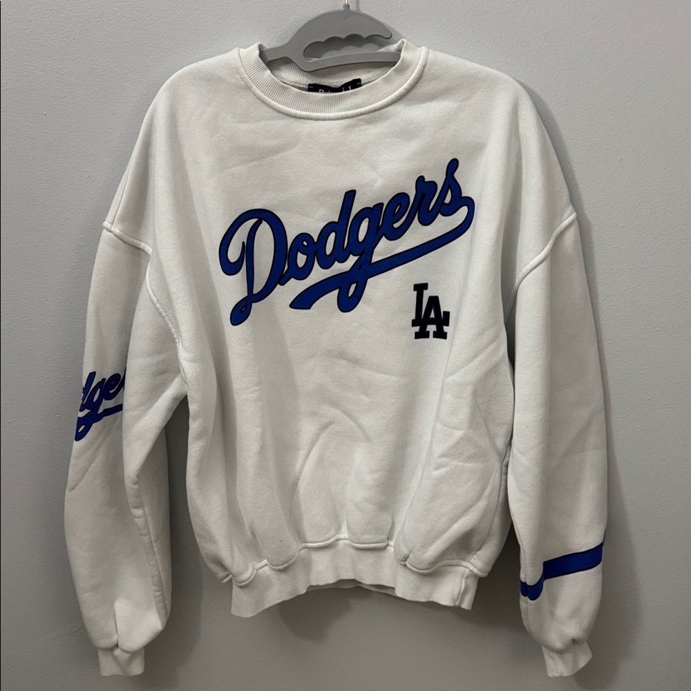 White Dodgers Sweatshirt with Blue Lettering